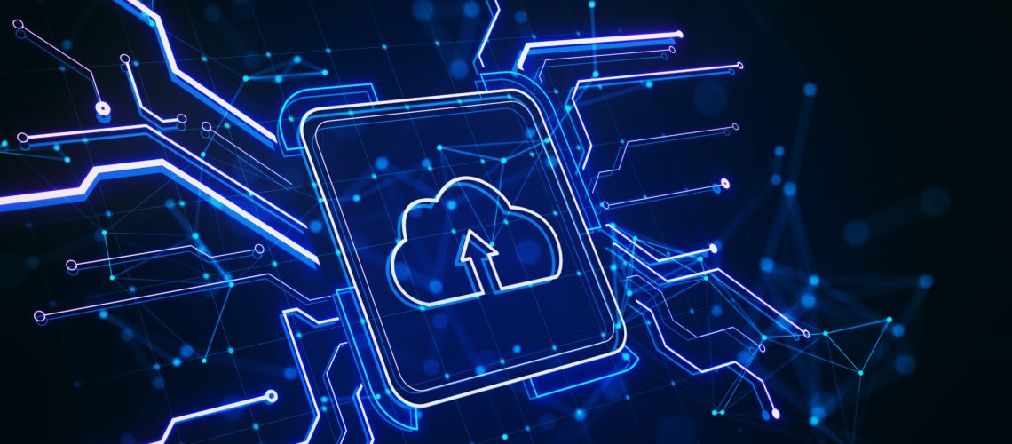 Creative square circuit button hologram with cloud icon on dark wallpaper. Technology and cloud computing concept. 3D Rendering